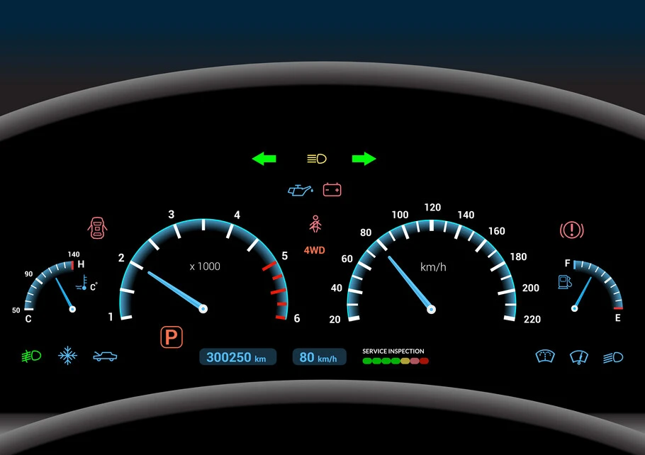 Car dashboard lit up.
